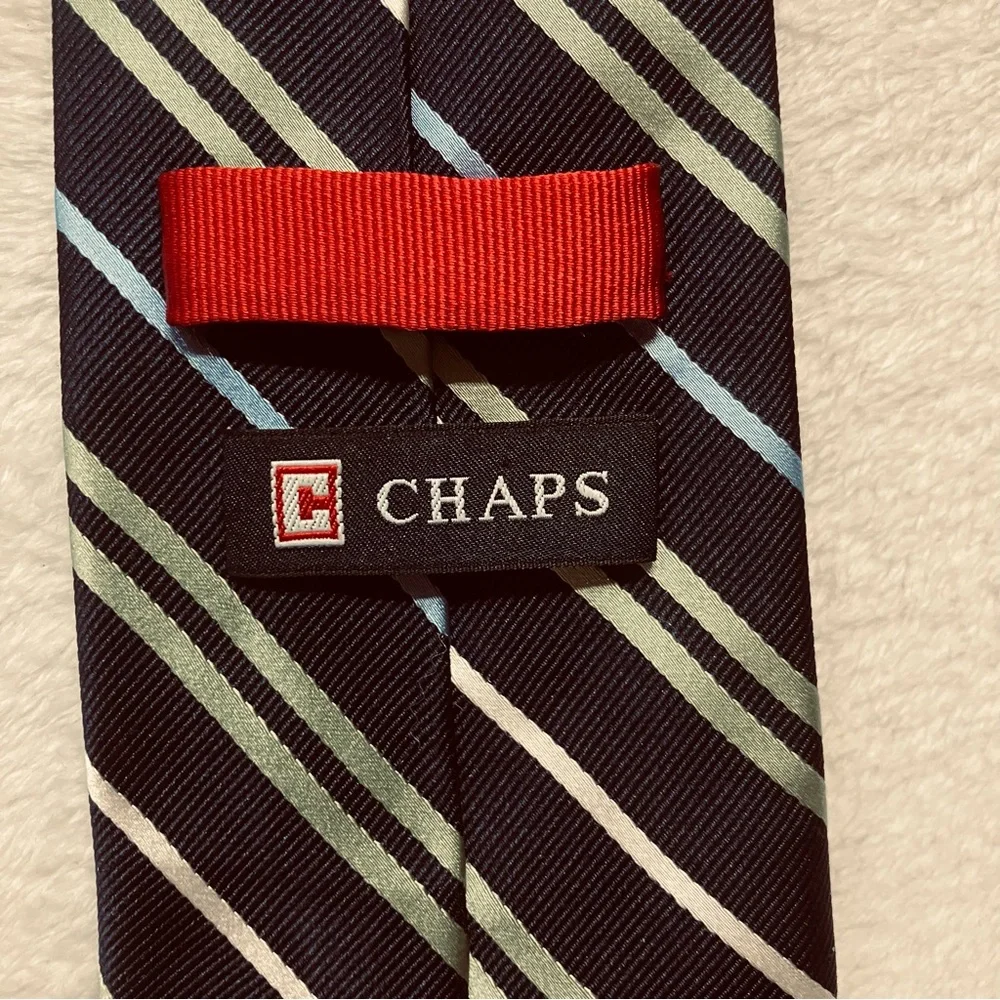 Chaps Ralph Lauren Repp Tie Navy Green Light Blue White 100% Silk Neck‎ Tie